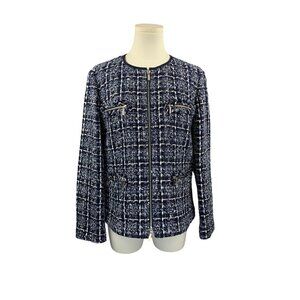 Lafayette 148 New York Womens Tweed Jacket Size 10 Blue/White Zipper Front